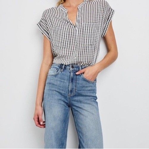 Rails Mel Navy Gingham Short Sleeve Button Down Shirt Small Msrp $148